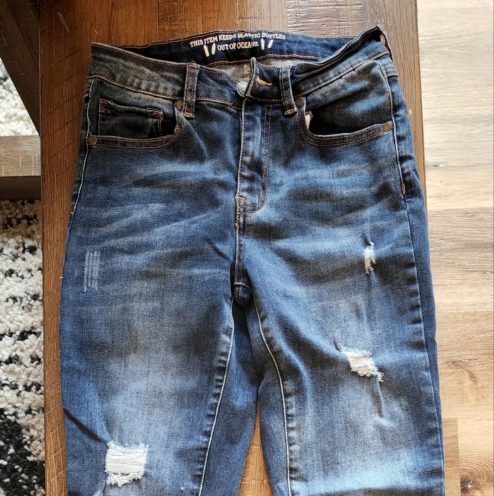 Grace & Lace Repurposed denim in distressed dark mid-wash, Size 4